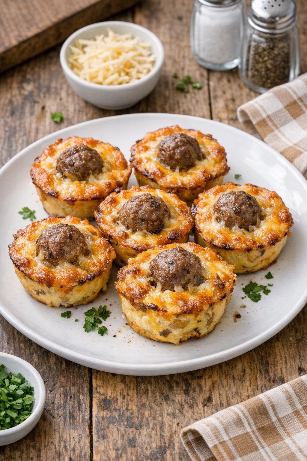 Finished beef meatball cups plated on a rustic dish