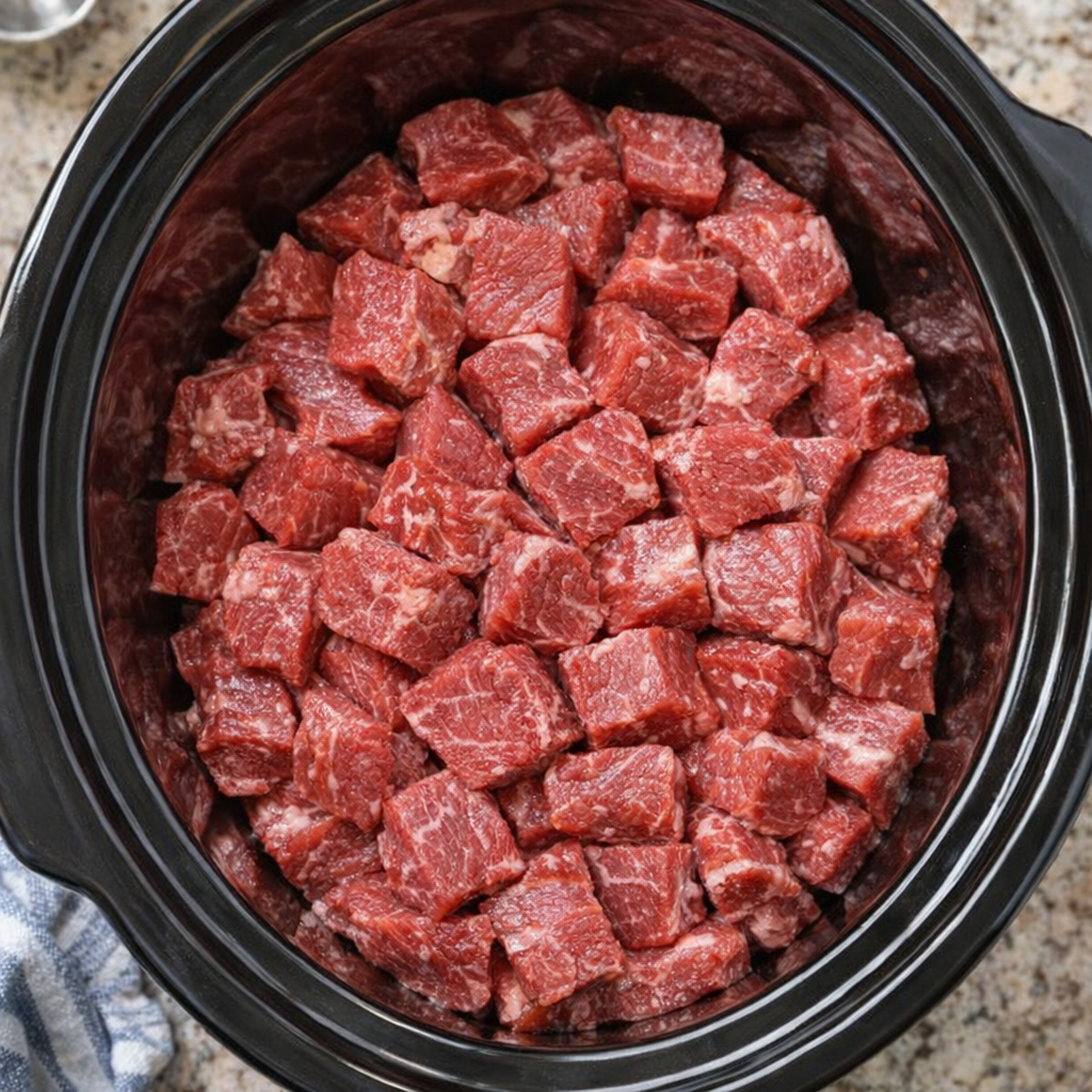 Raw beef stew meat layered in a slow cooker