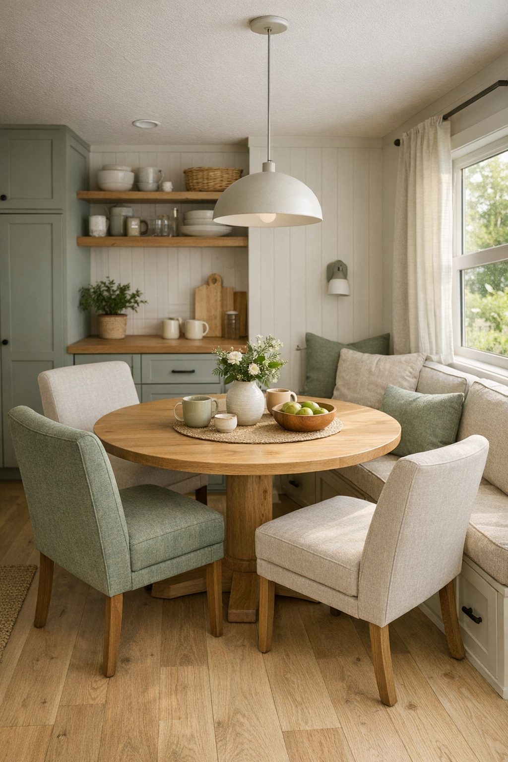 Compact accessible dining area with round table and soft sage accents