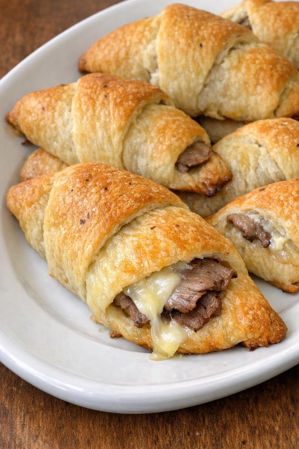 Golden brown roast beef and brie crescent triangles on a white platter