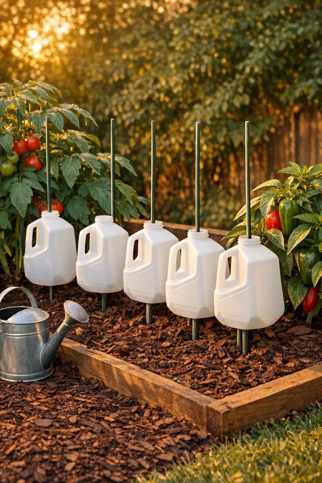 Finished deep root watering spikes made from plastic milk jugs installed in a vegetable garden
