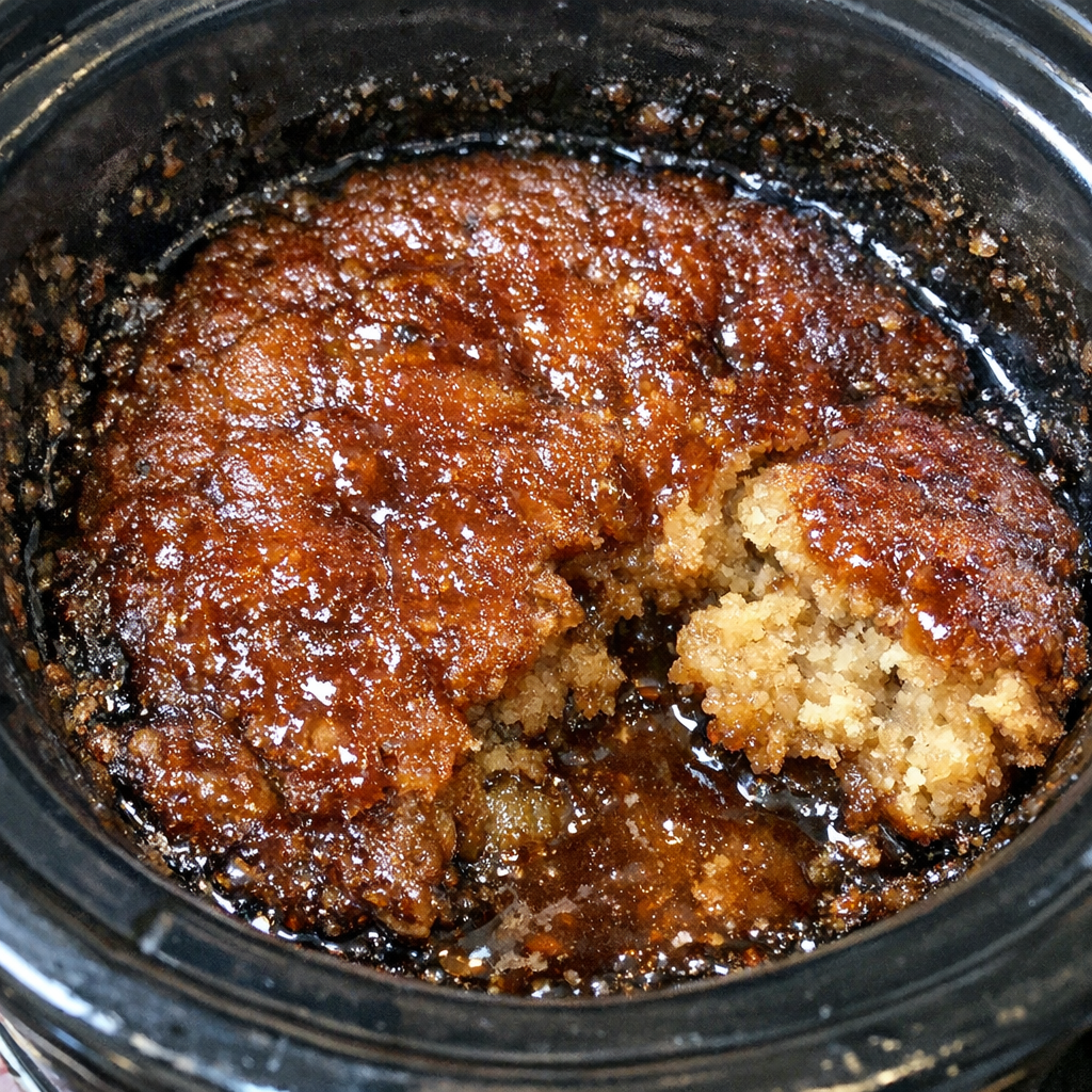 Slow cooker brown sugar blondies with a glossy caramelized top
