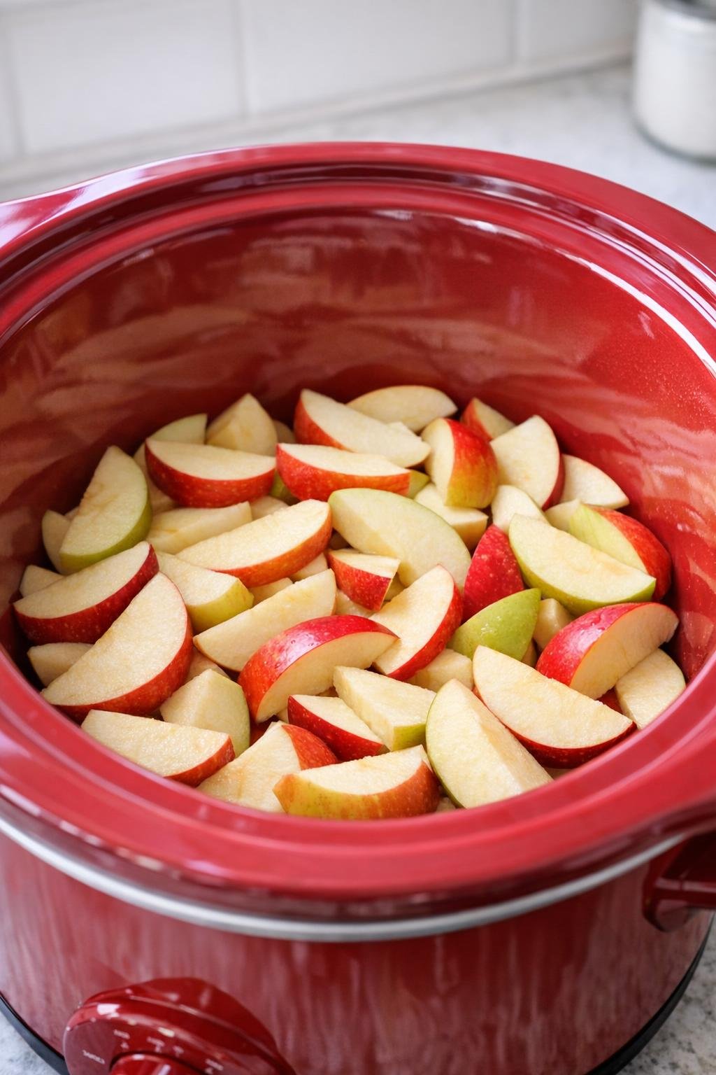 Gesneden appels in laagjes op de bodem van een rode slowcooker.