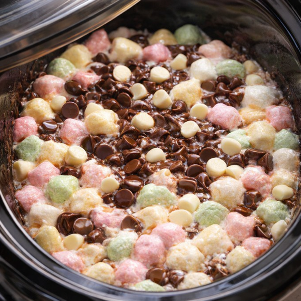 Partially melted chocolate chips over marshmallows in the slow cooker