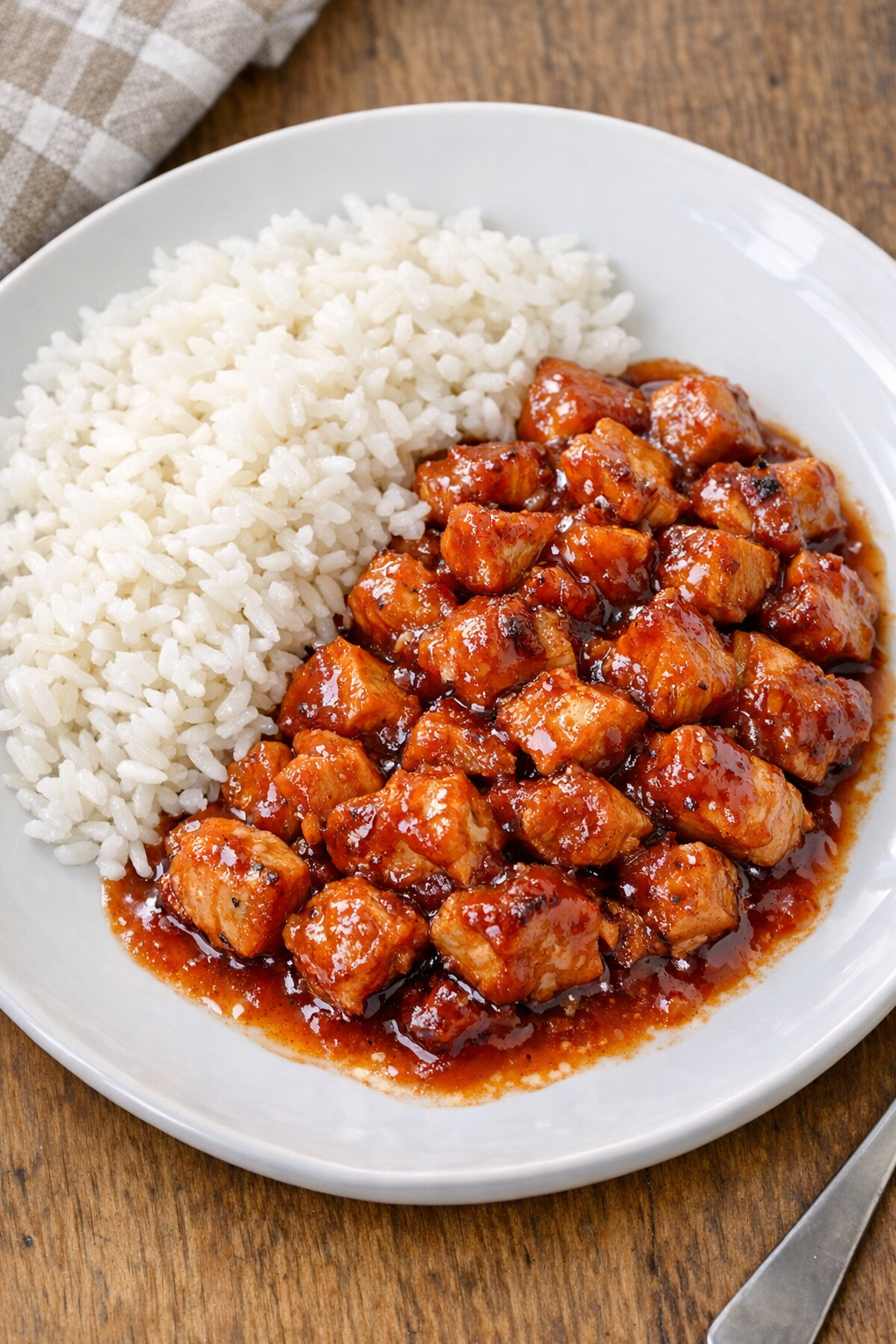 Finished baked diced chicken in red sauce on a plate