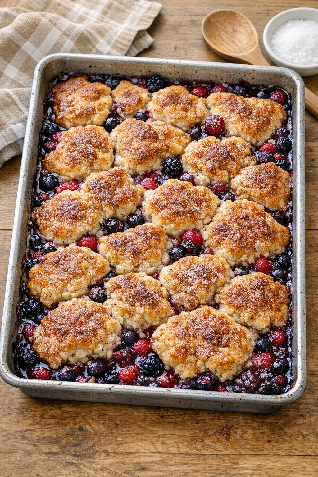 Finished baked biscuit berry dessert in a sheet pan