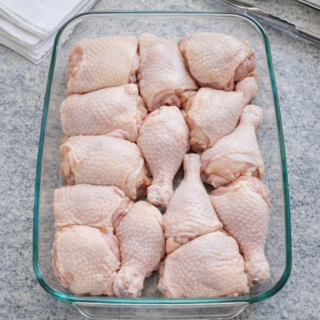 Raw chicken pieces arranged in a glass baking dish before the sauce is added