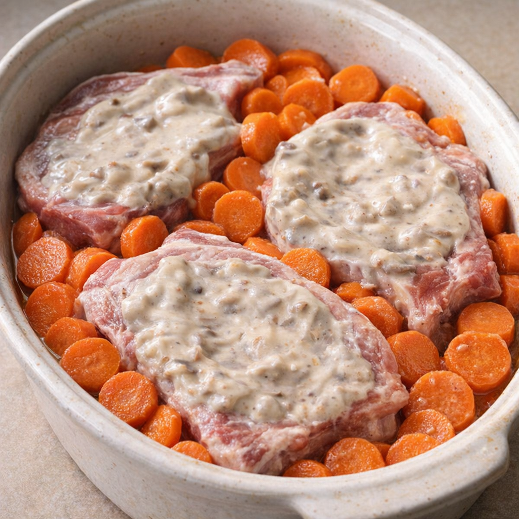 Casserole dish with pork chops and canned carrots before baking
