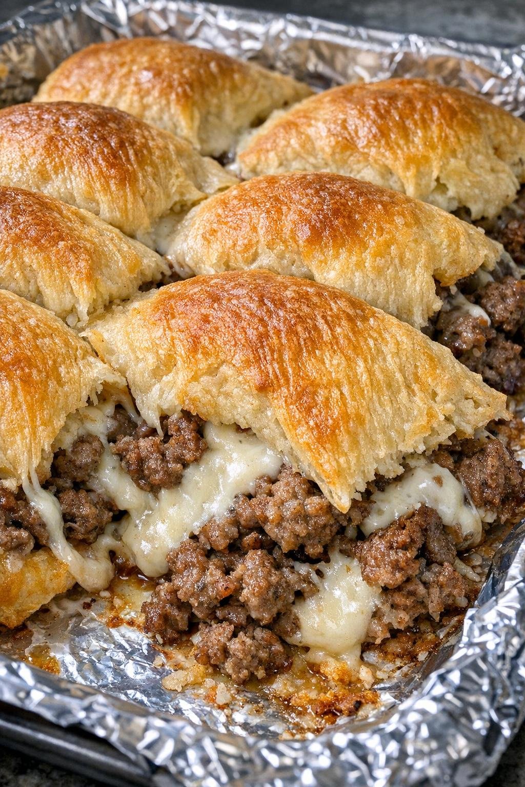 Close-up of baked beef crescent sliders with melted cheese