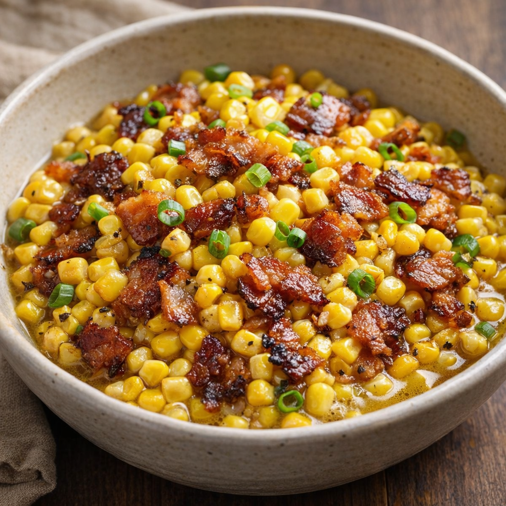 Bowl of bacon and corn topped with green onions
