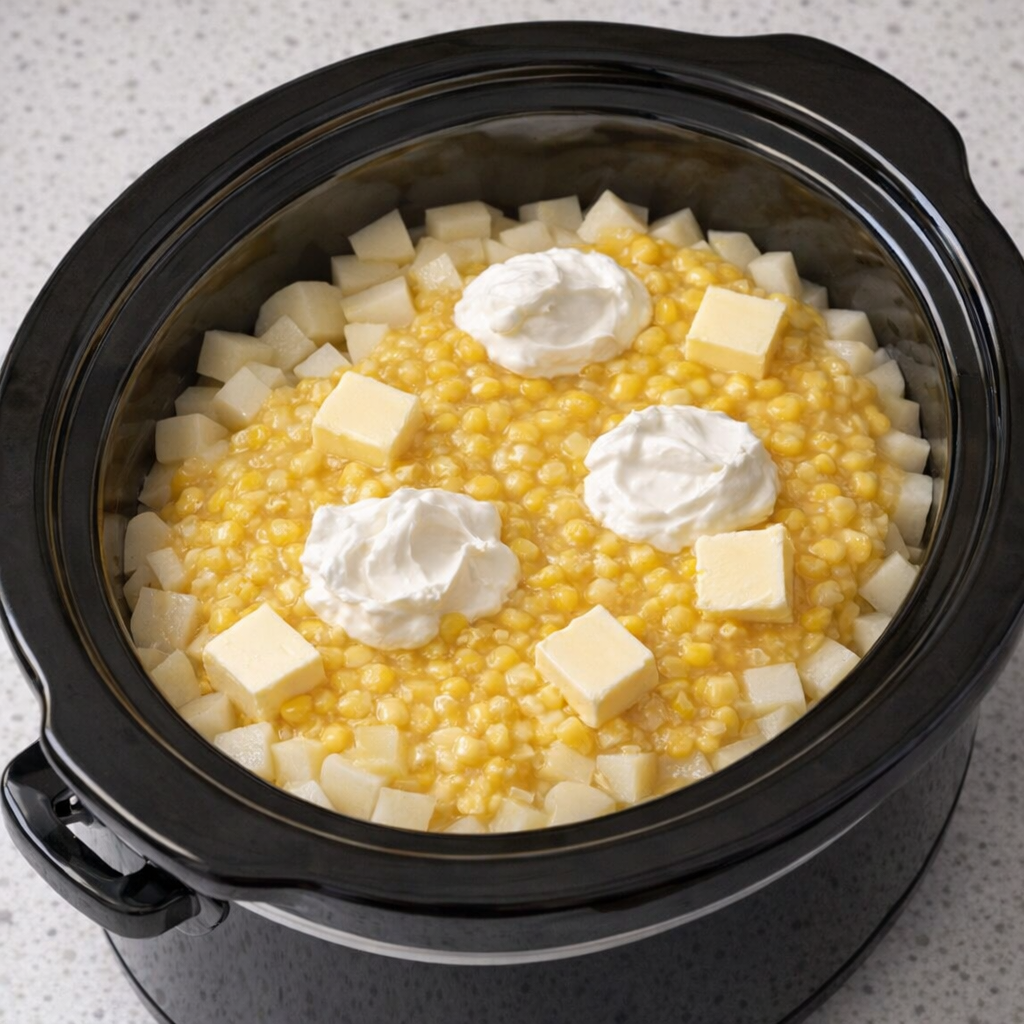 Slowcooker gevuld met aardappelpuree met maïs voor het koken