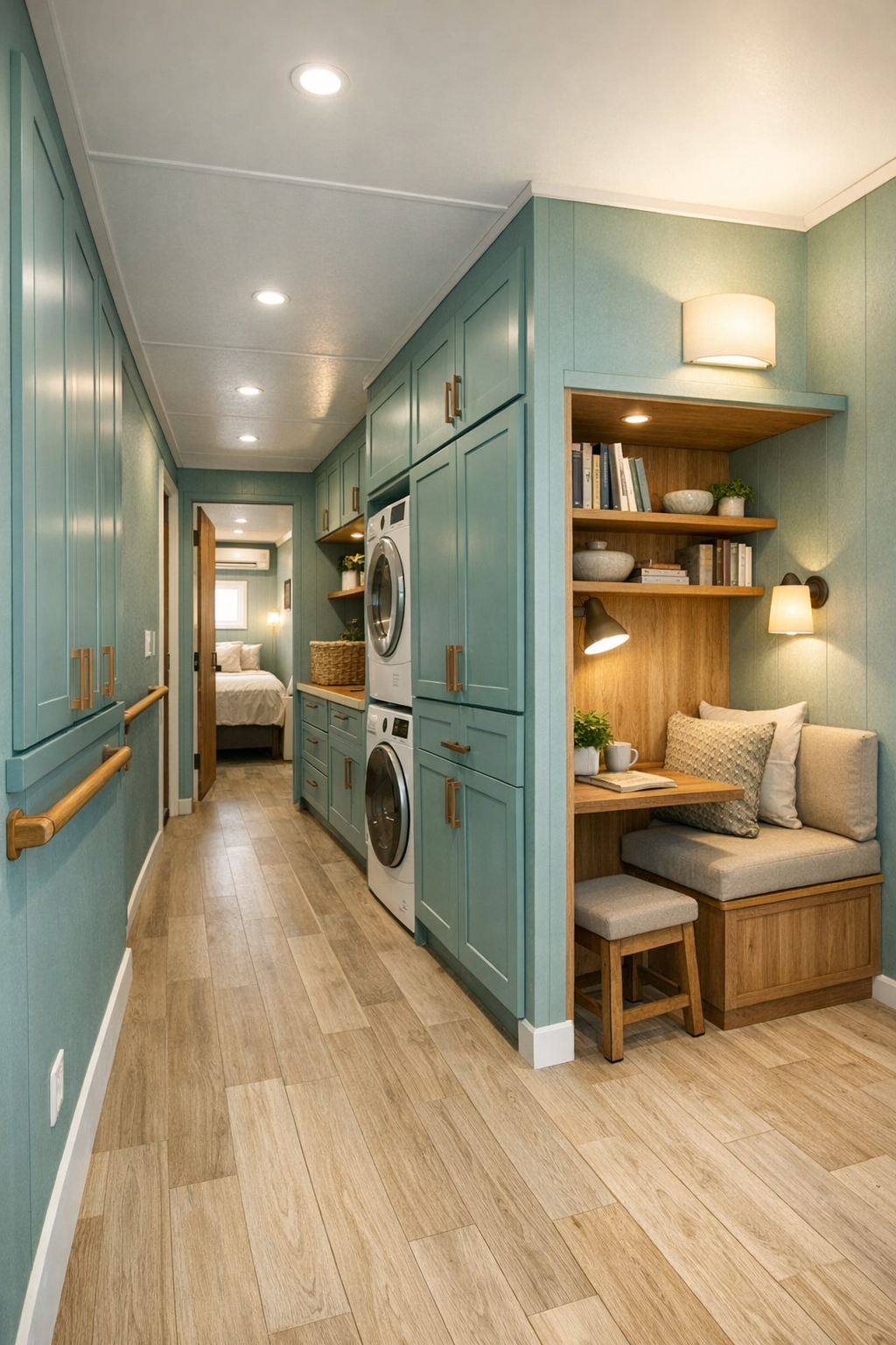 Well-designed hallway and utility area with built-in storage, warm wood, and dusty turquoise accents