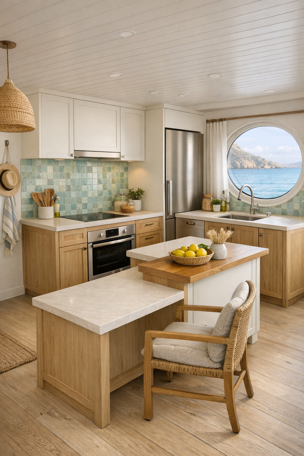 Accessible kitchen with bleached oak cabinetry and sea-glass zellige backsplash