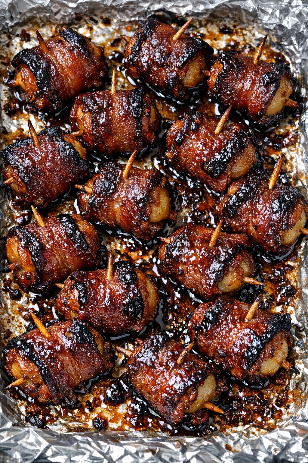 Southern 3-ingredient bacon wrapped water chestnuts on a foil-lined baking tray