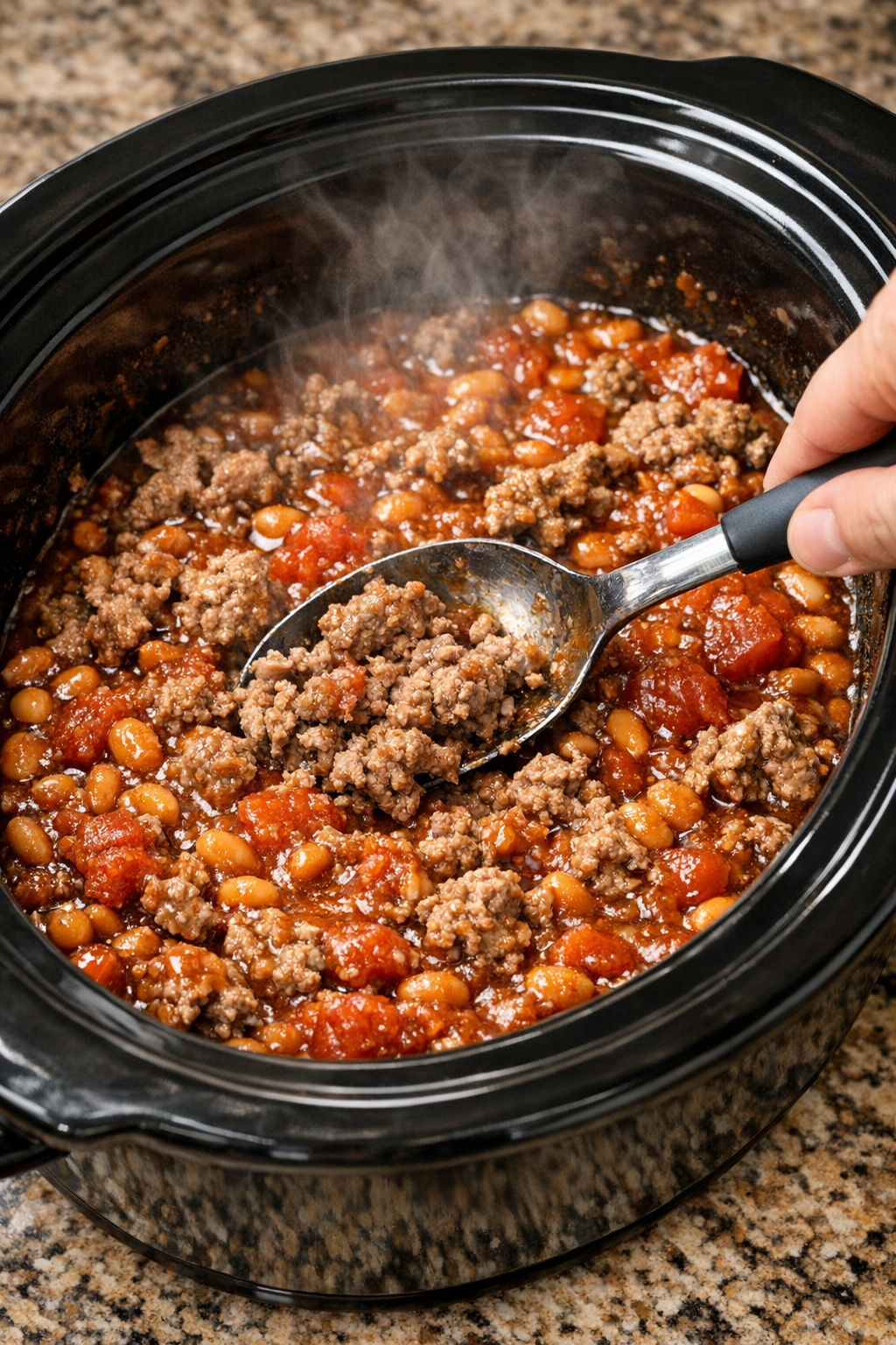 Chili halfway cooked as the beef is being broken up in the slow cooker