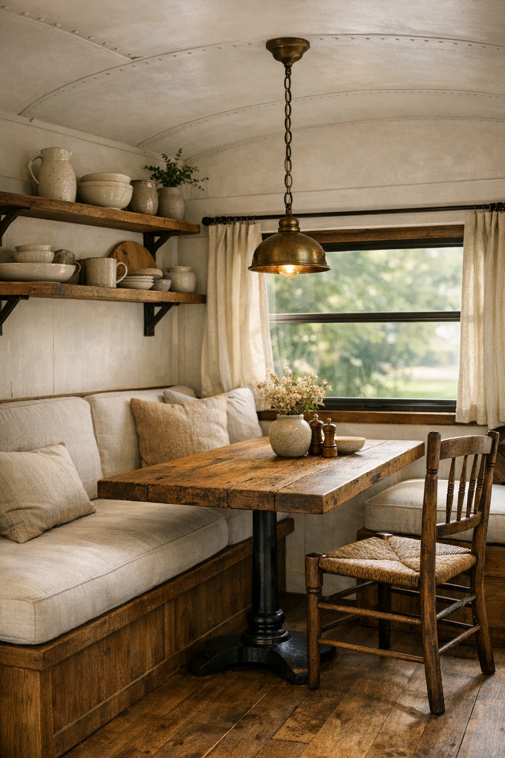 Cozy dining nook in the converted bus with banquette seating and a rustic wood table
