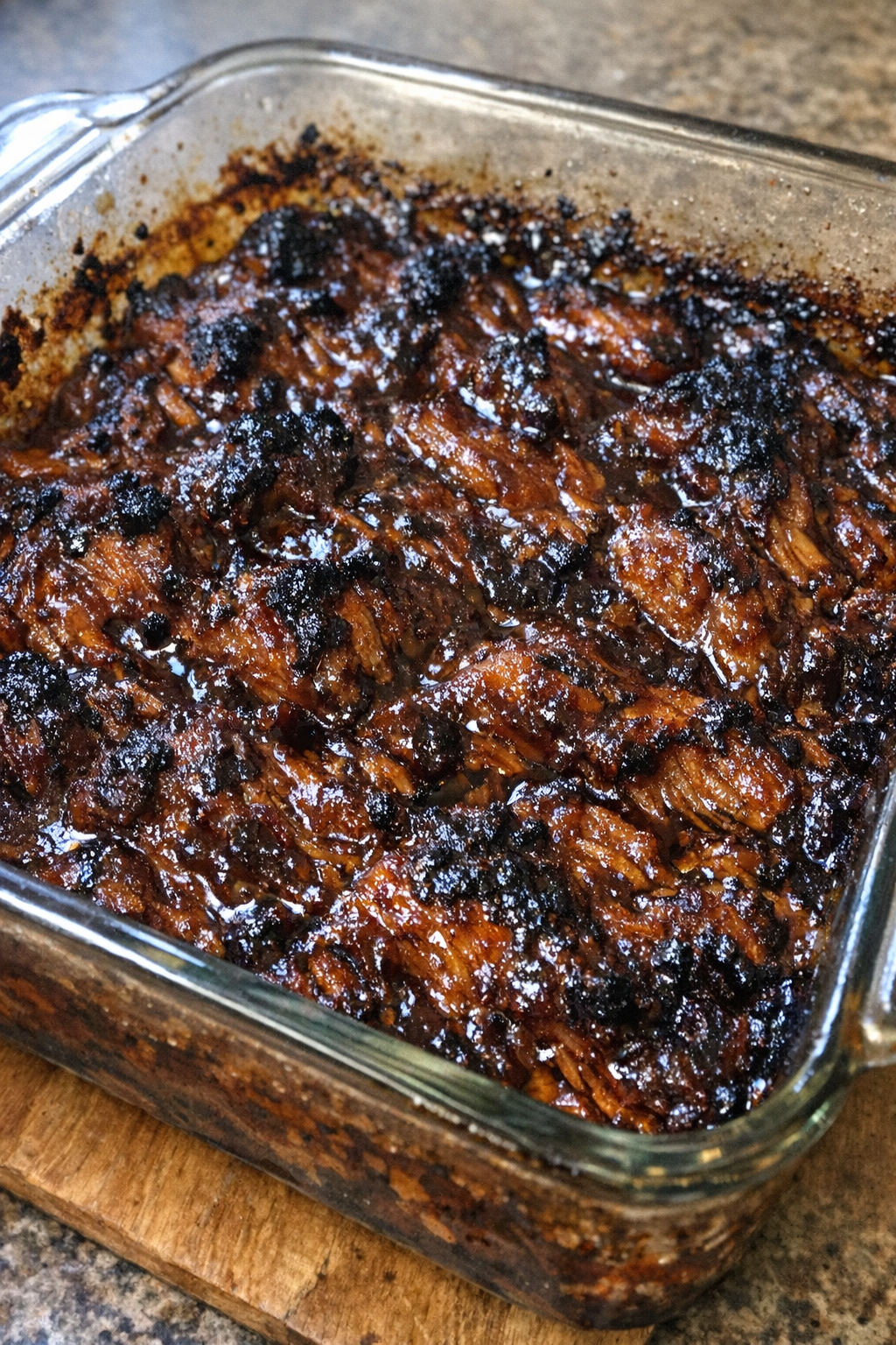 Charred savory bake in a square glass baking dish