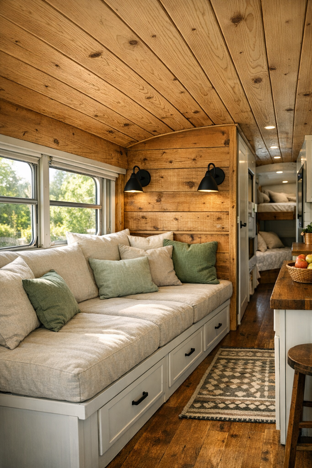 Rustic bus living room with built-in bench seating and warm wood interior