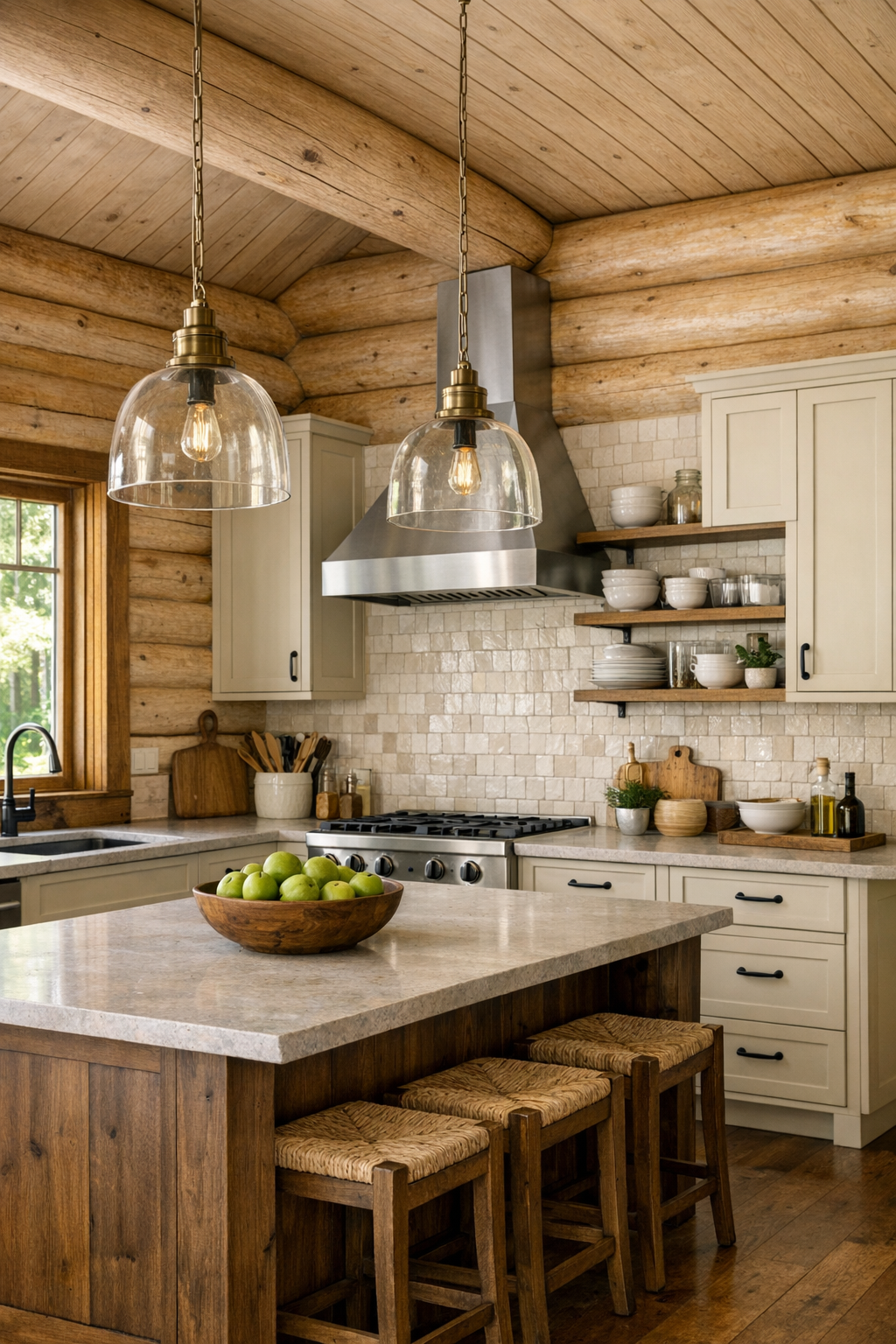 Inviting kitchen with champagne-toned log walls, cream cabinetry, wood island, and stone surfaces