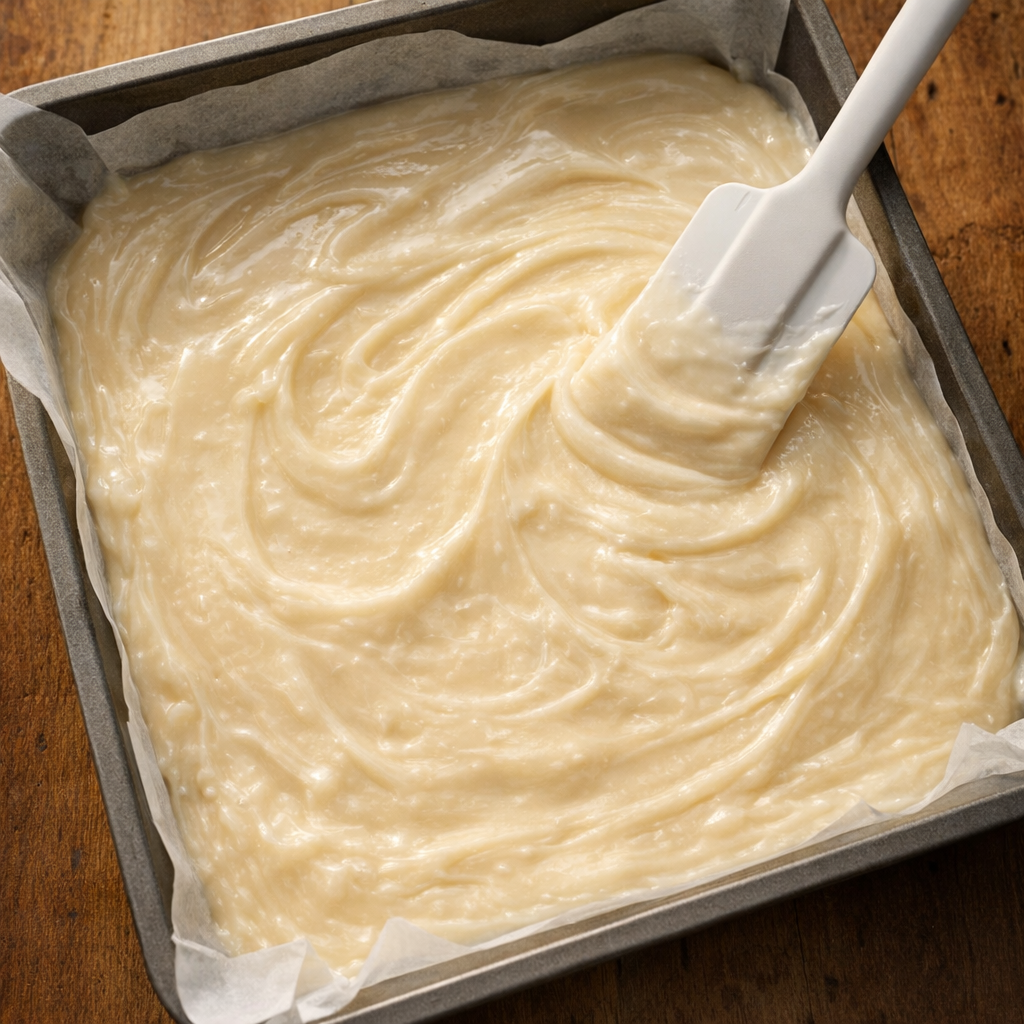 White fudge mixture spread into a parchment-lined pan