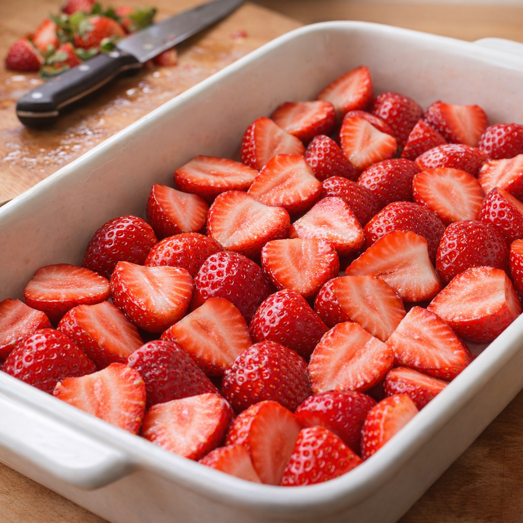 Freshly hulled strawberries spread in a ceramic baking dish