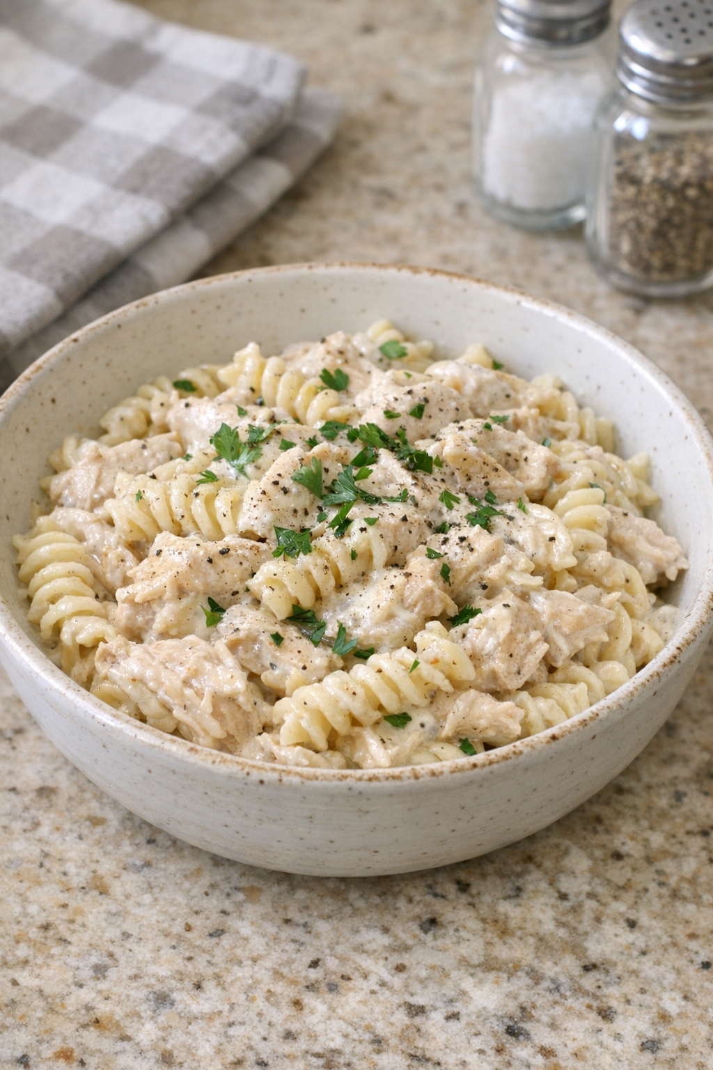 Finished Amish ranch chicken pasta plated in a rustic bowl