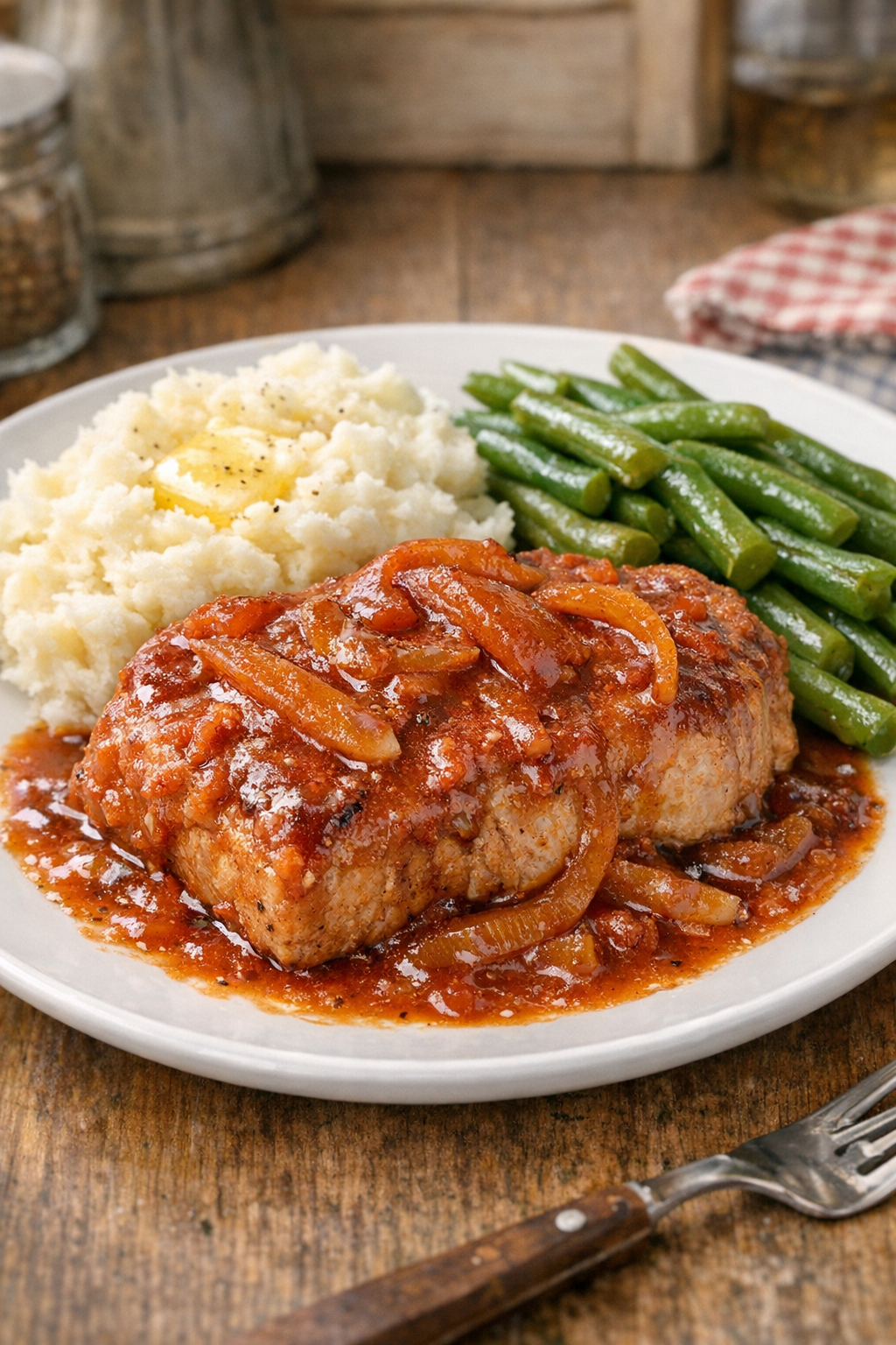 Finished vintage summer pork chops plated with sauce