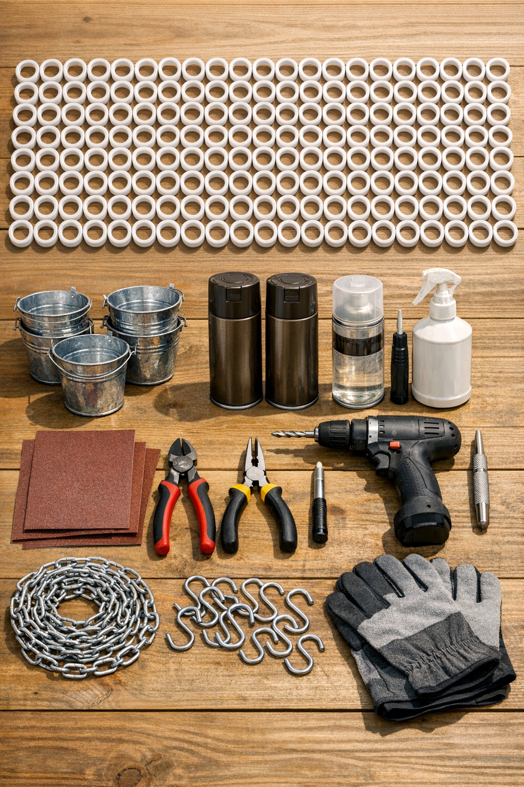 Plastic shower curtain rings, spray paint, and small galvanized buckets laid out for the project