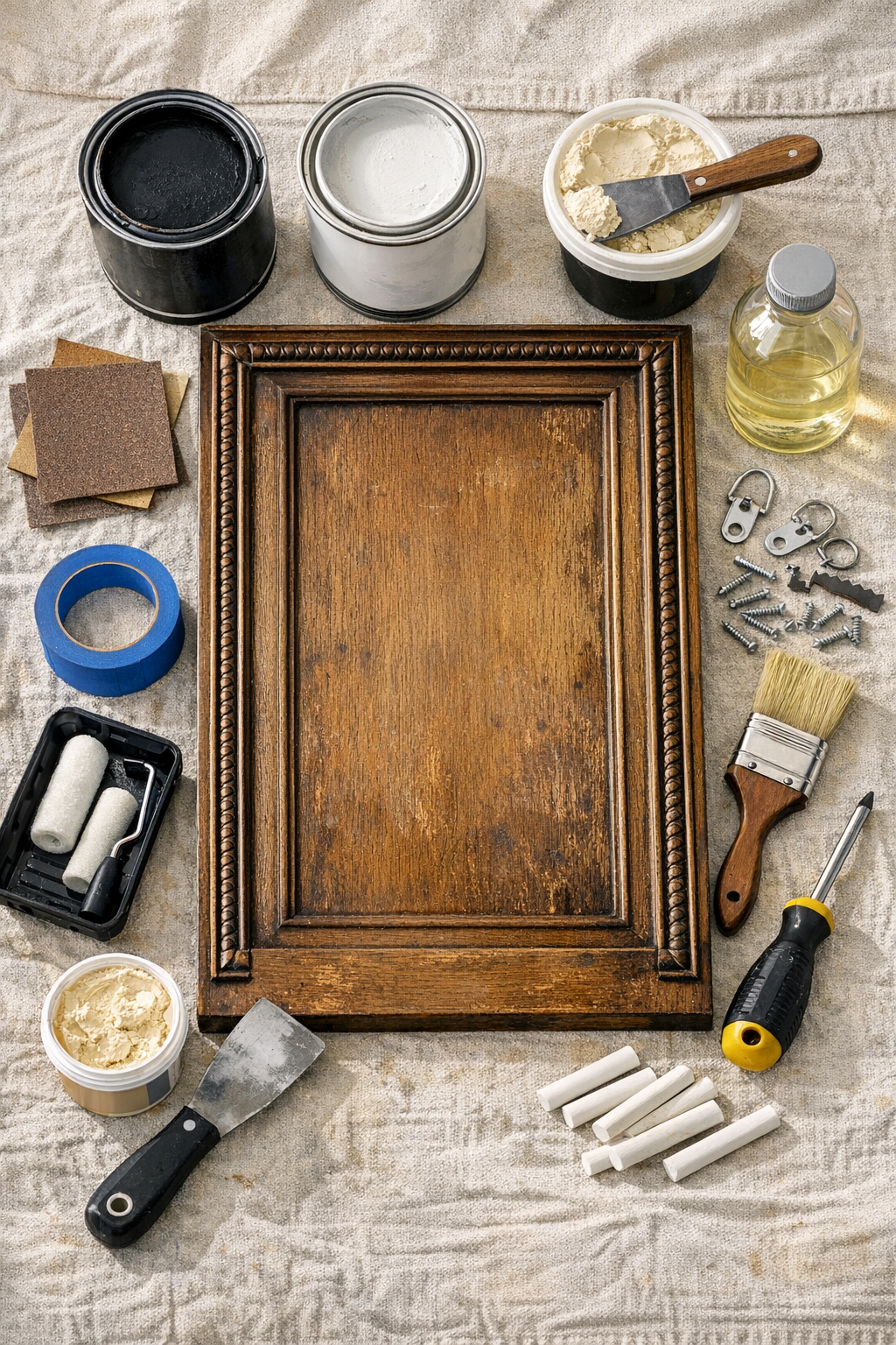 Materials laid out for making an outdoor chalkboard from an old cabinet door
