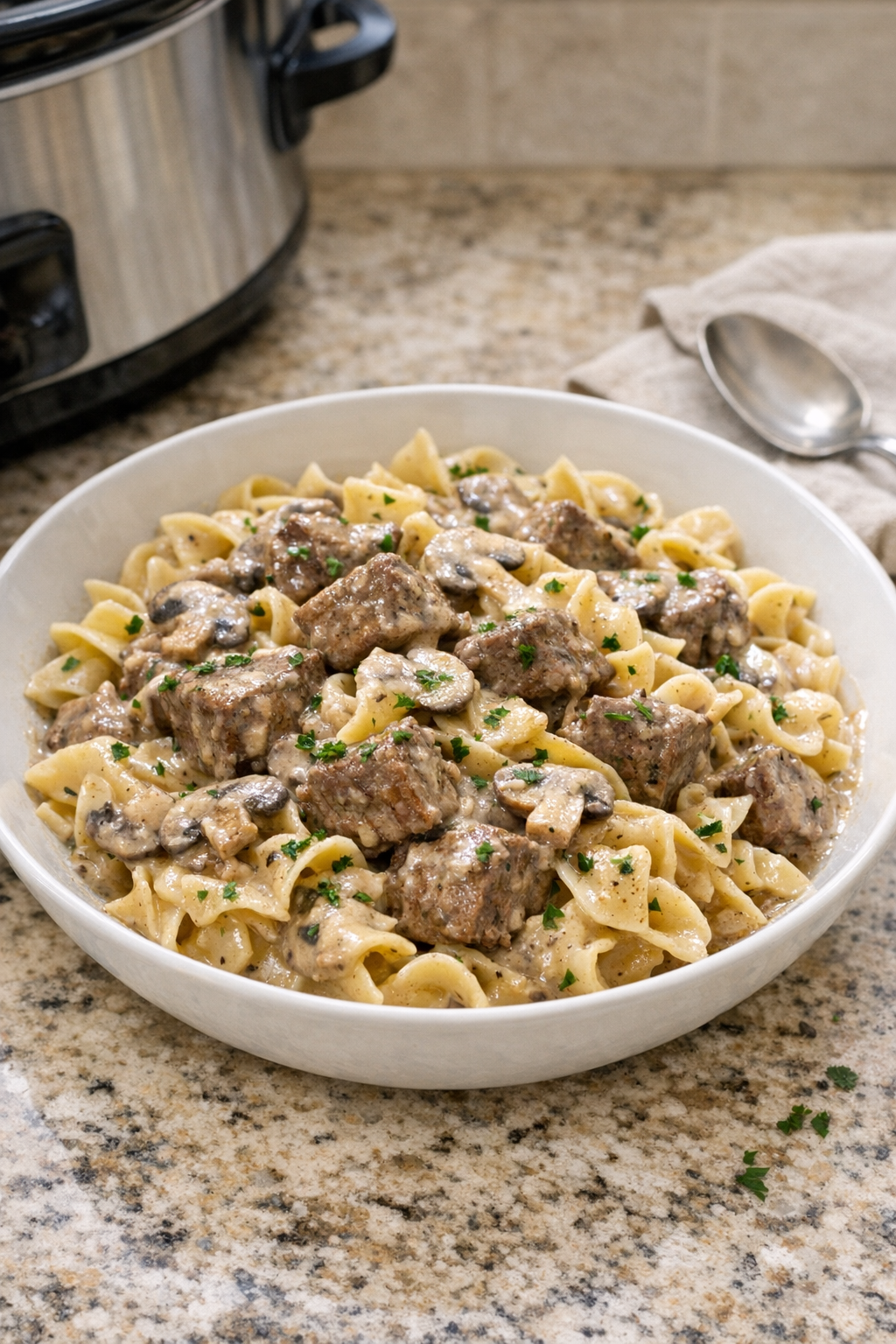 Finished Amish cream of mushroom beef pasta plated in a bowl