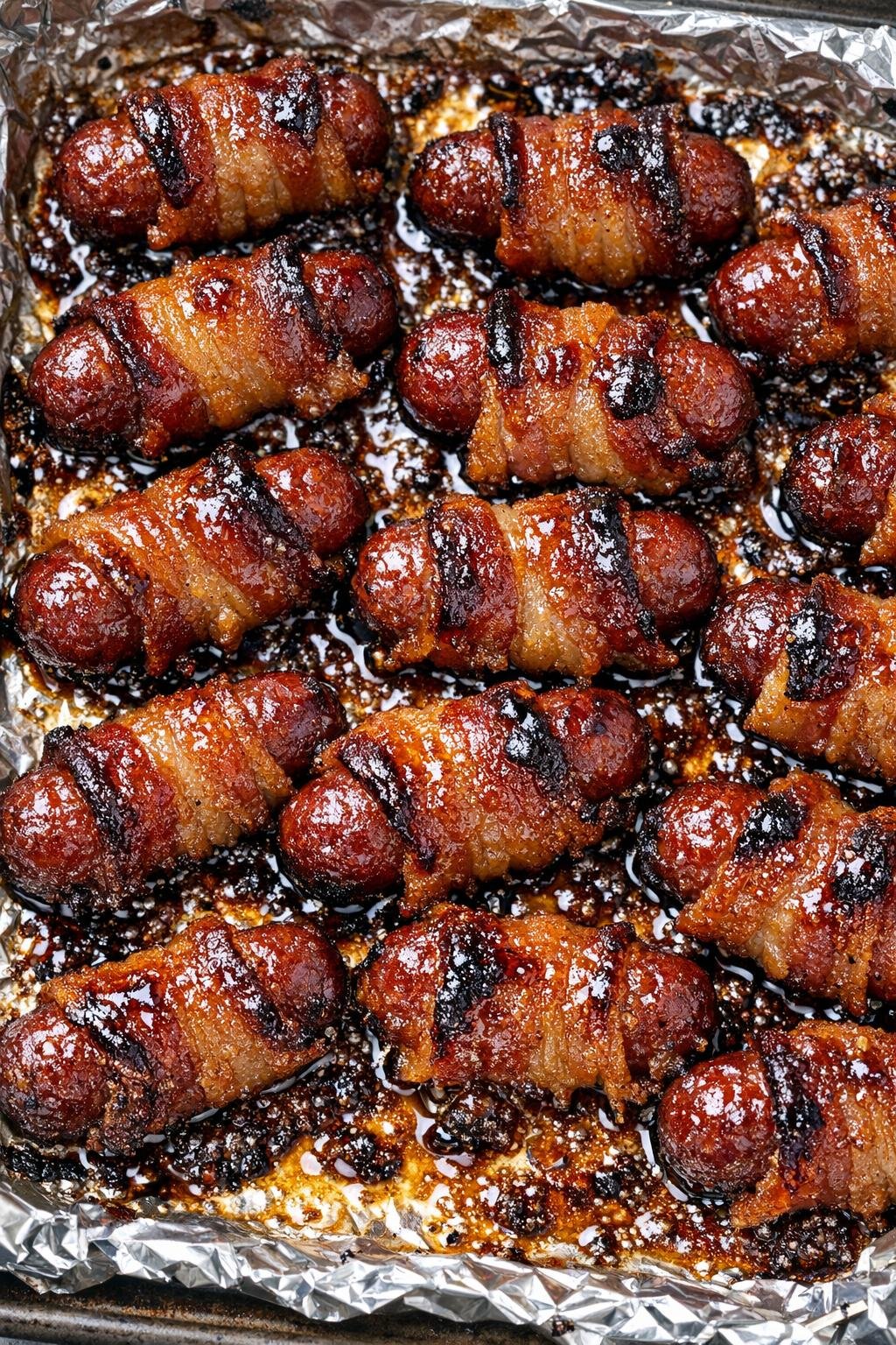 Southern 3-ingredient bacon wrapped smokies on a foil-lined baking tray