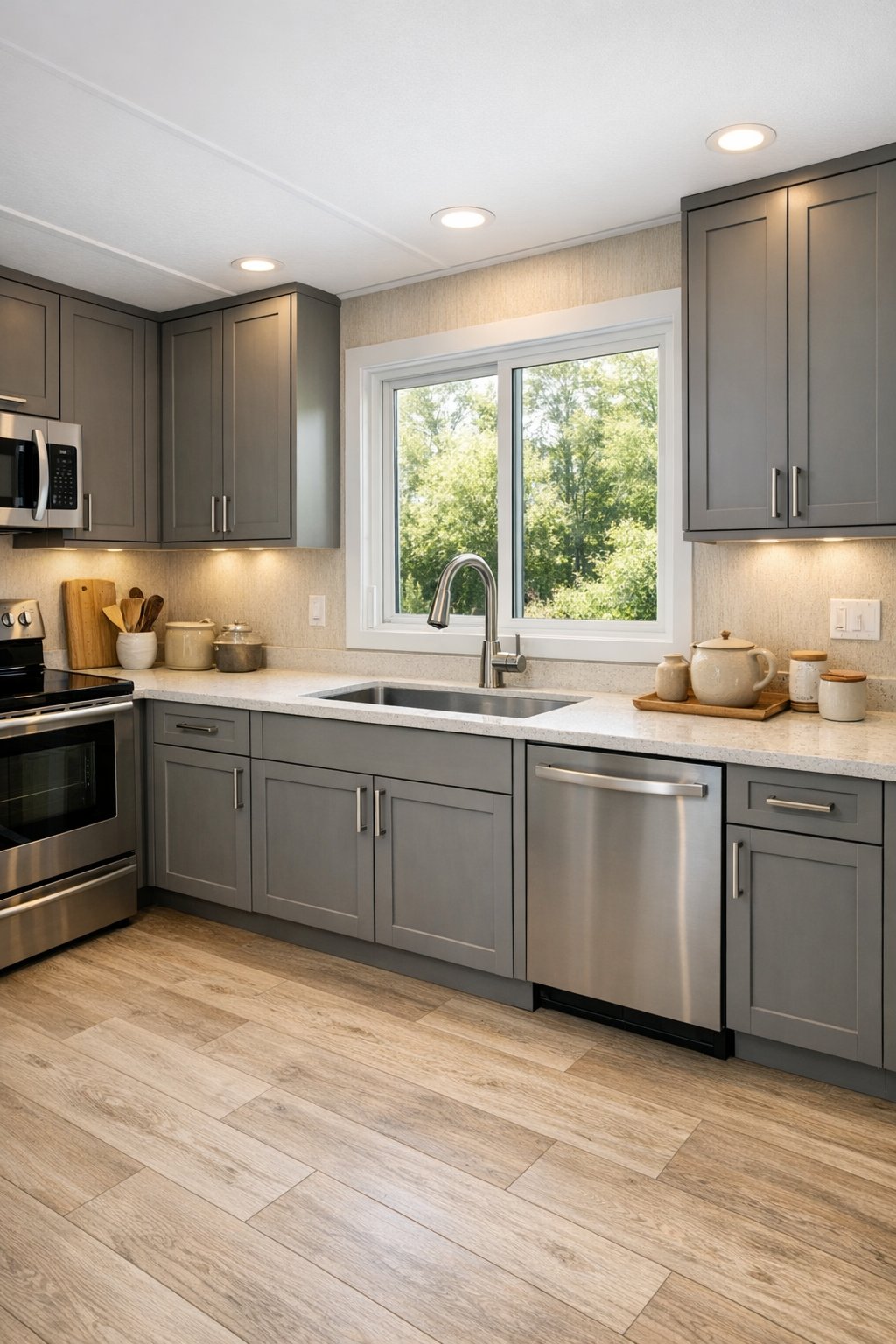 Accessible kitchen with warm grey cabinets, light quartz counters, and under-cabinet lighting