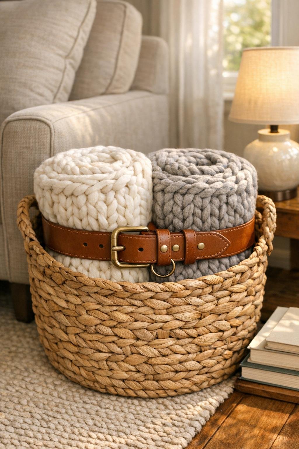 Finished blanket strap made from a leather dog collar around rolled blankets in a seagrass basket