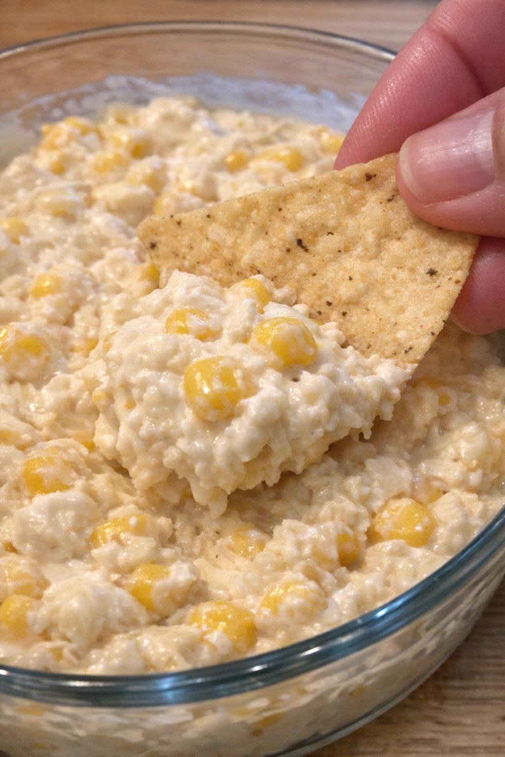 Corn Abernathy dip in a glass bowl with a tortilla chip scooping
