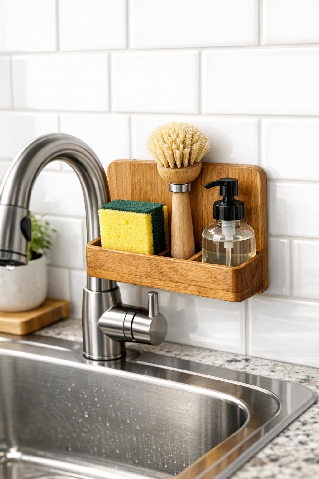Finished wooden over-the-faucet kitchen sink caddy in use