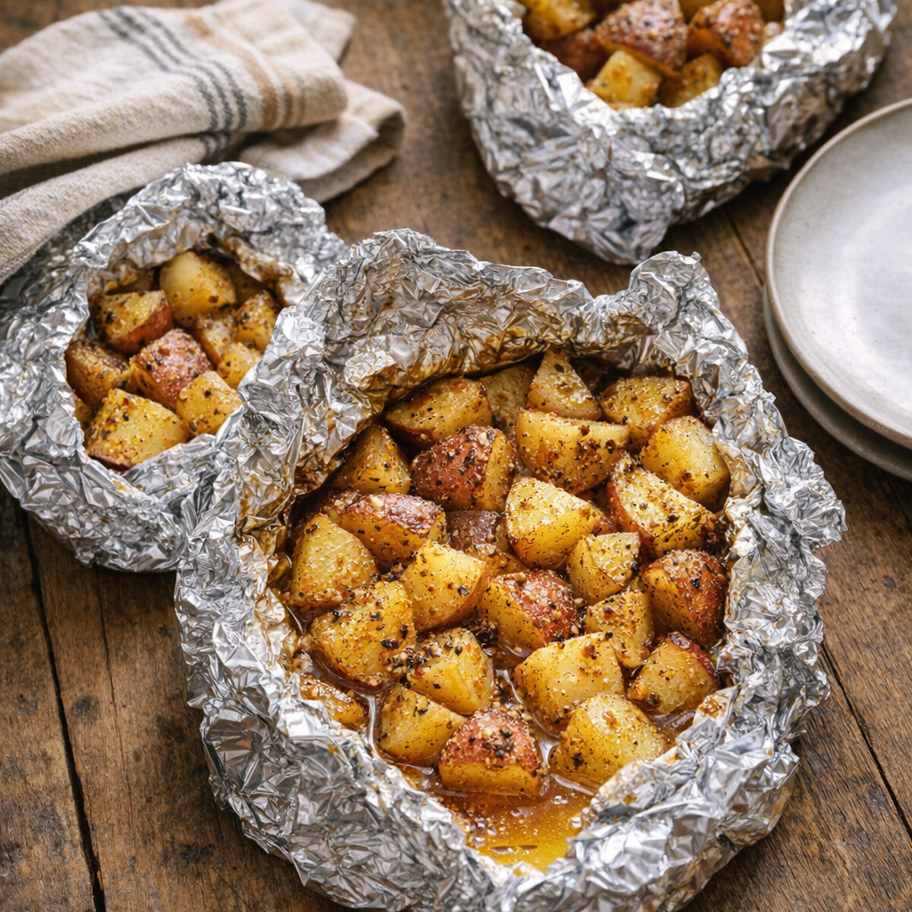Foil potato packets on a farmhouse table