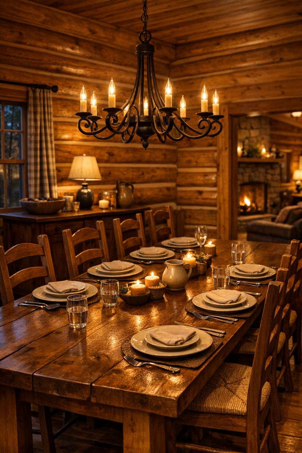 Rustic dining room with long wood table, ladder-back chairs, and warm chandelier
