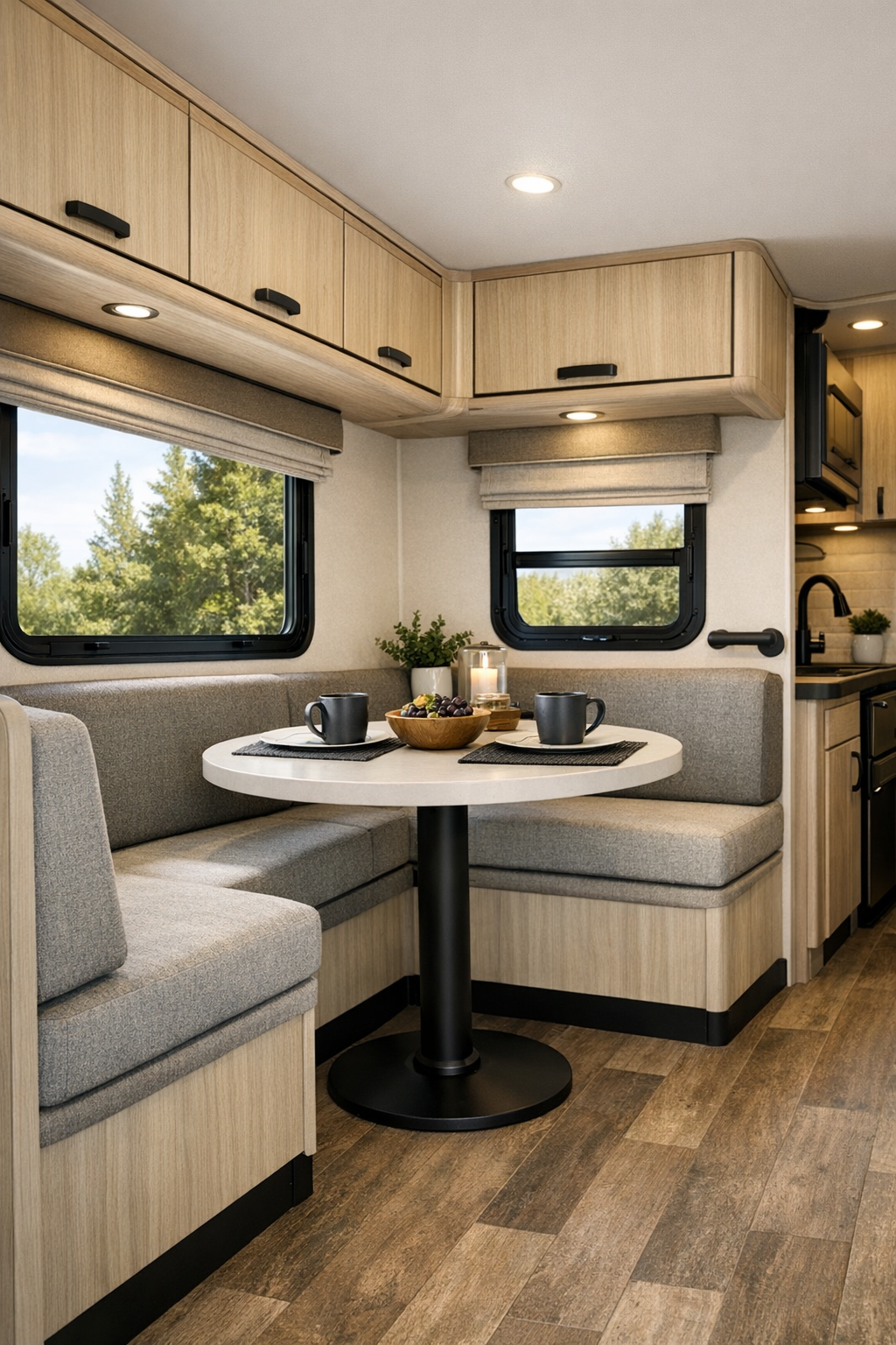 Compact RV dining nook with pedestal table, upholstered bench seating, and soft natural light
