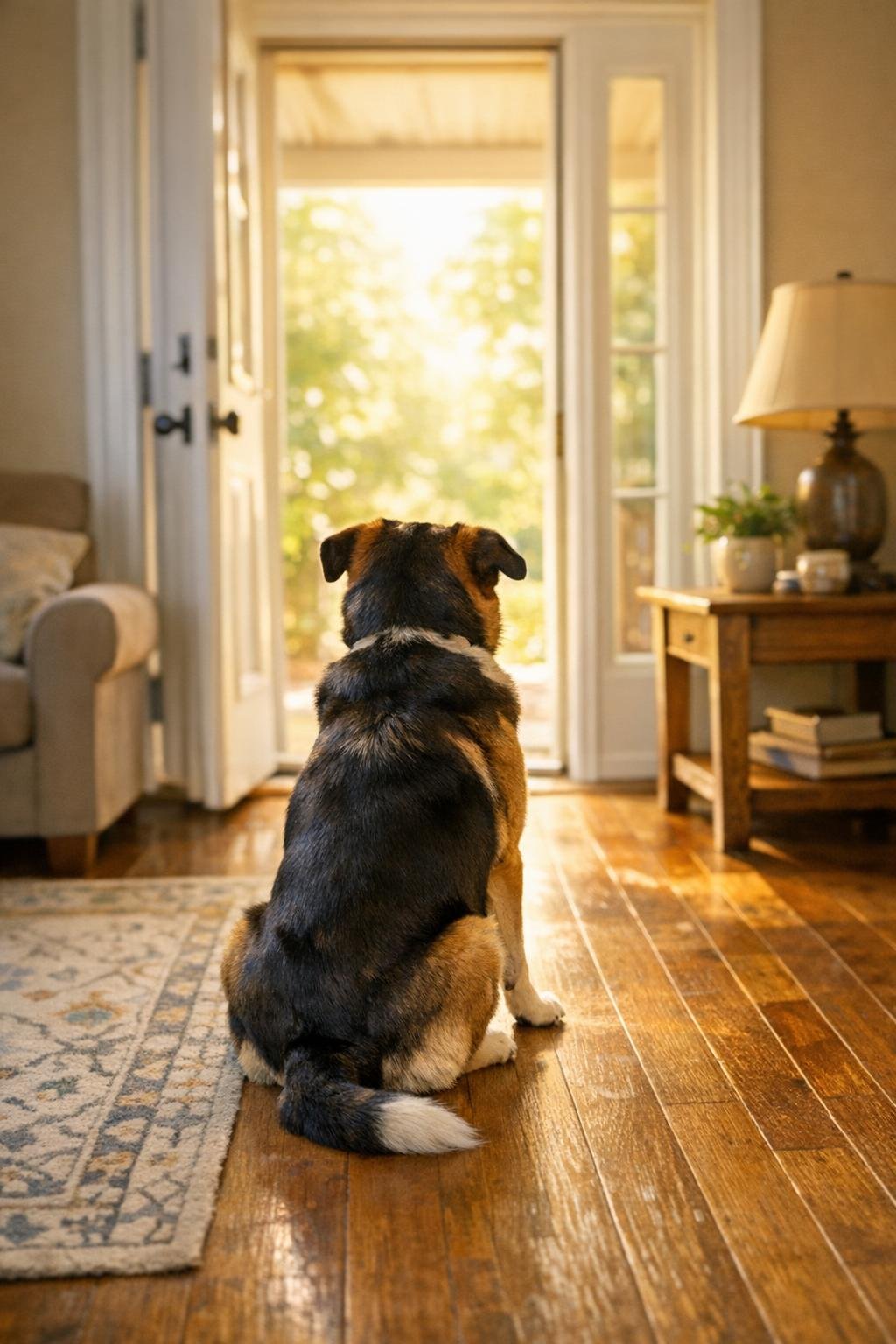 Dog sitting near a sofa facing a doorway
