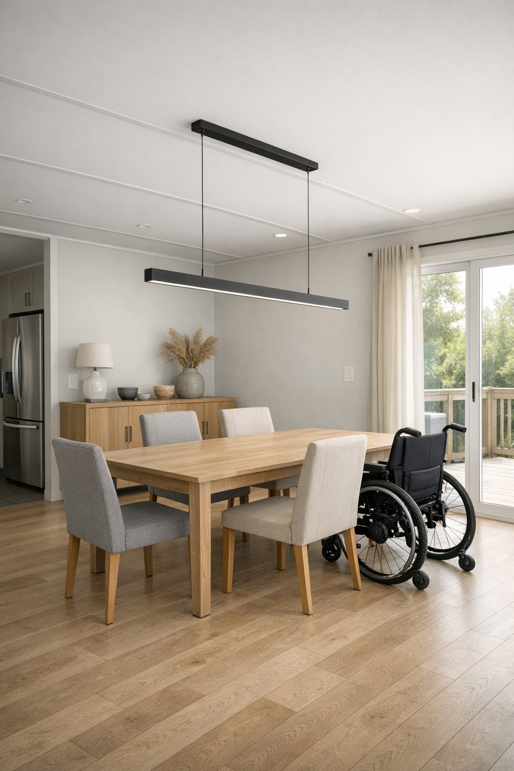 Light wood dining room with wide circulation, upholstered chairs, and a linear pendant