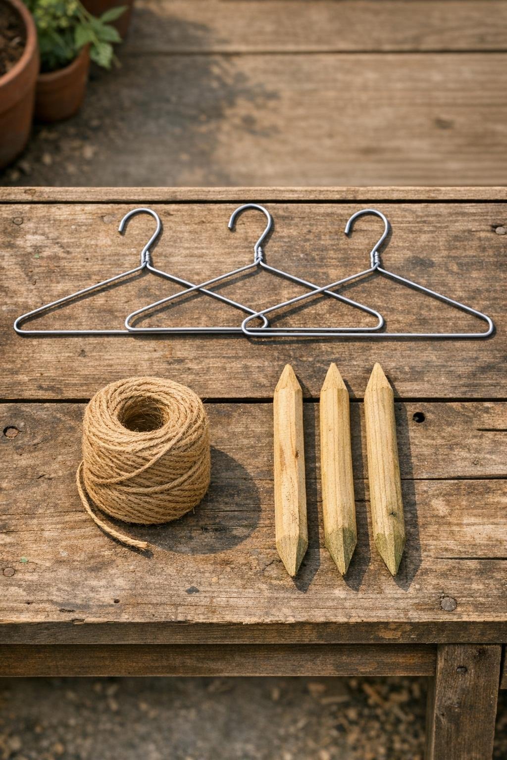 Wire coat hangers, twine, and garden stakes laid out for the project