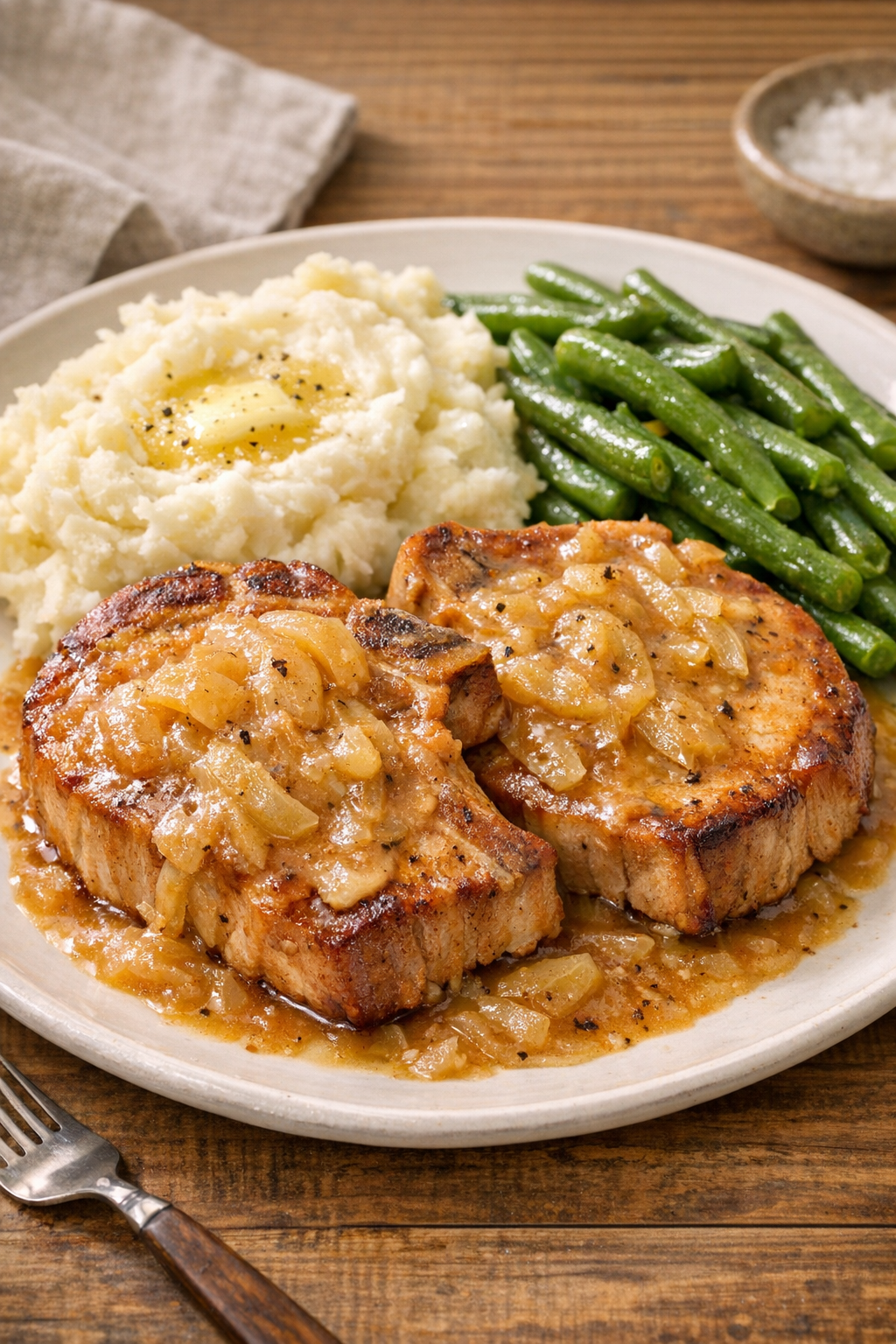 Finished smoked pork chops plated with sauce