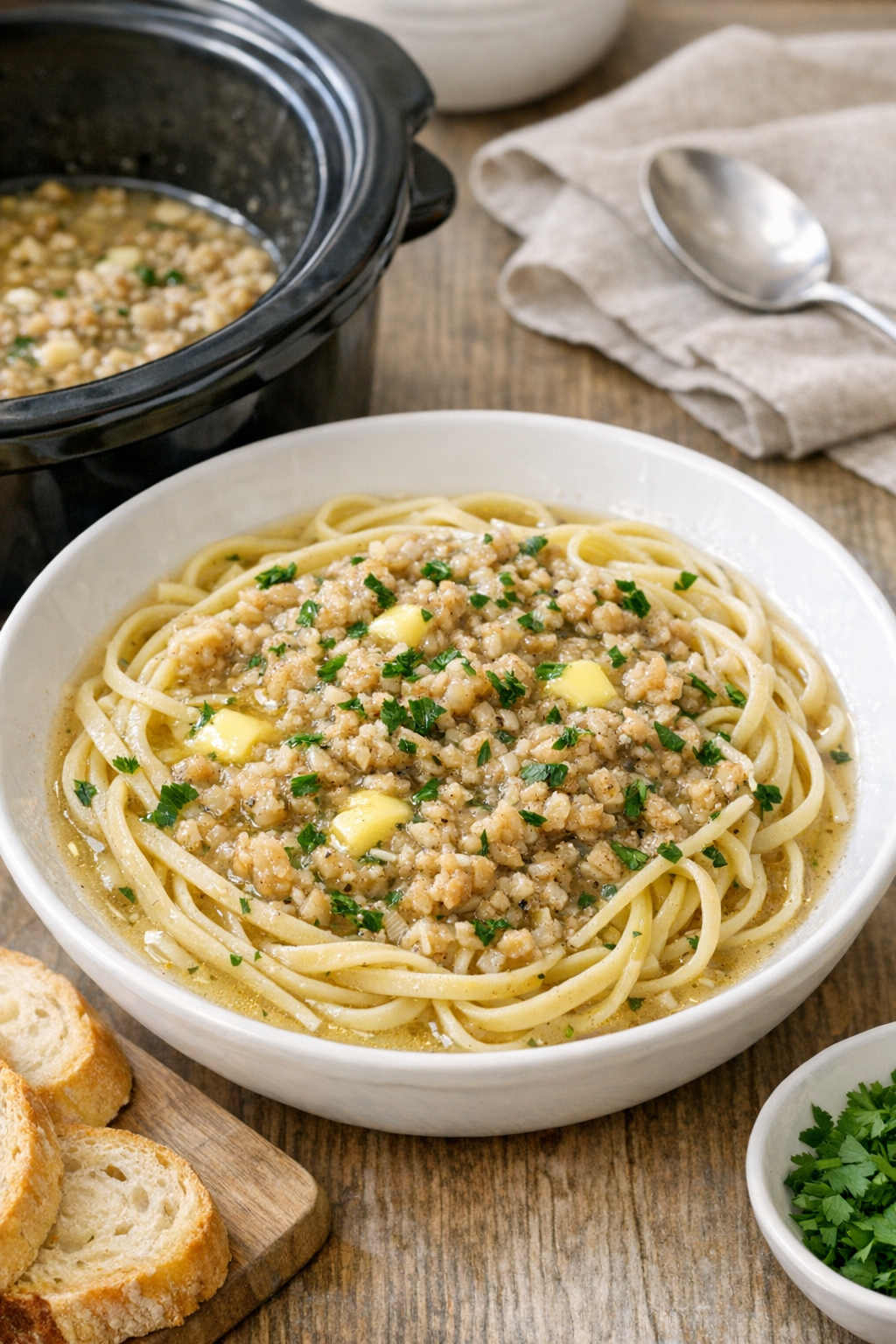 Finished slow cooker minced clams served over pasta