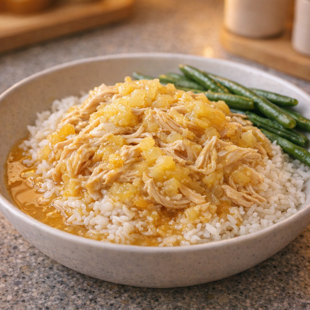 Shredded pineapple chicken served over rice with extra sauce