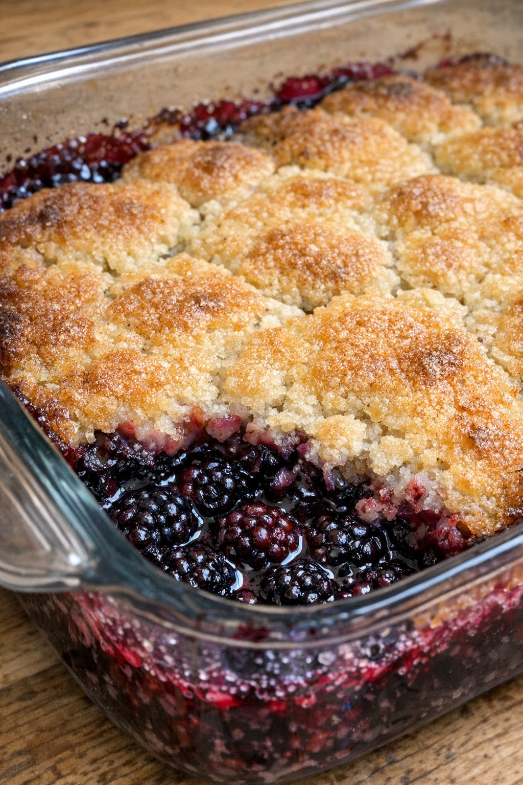 4-ingredient blackberry cobbler in a glass baking dish
