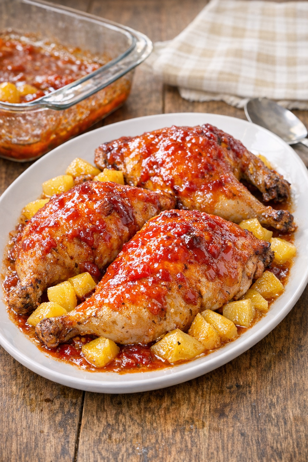 Finished baked chicken halves on a platter