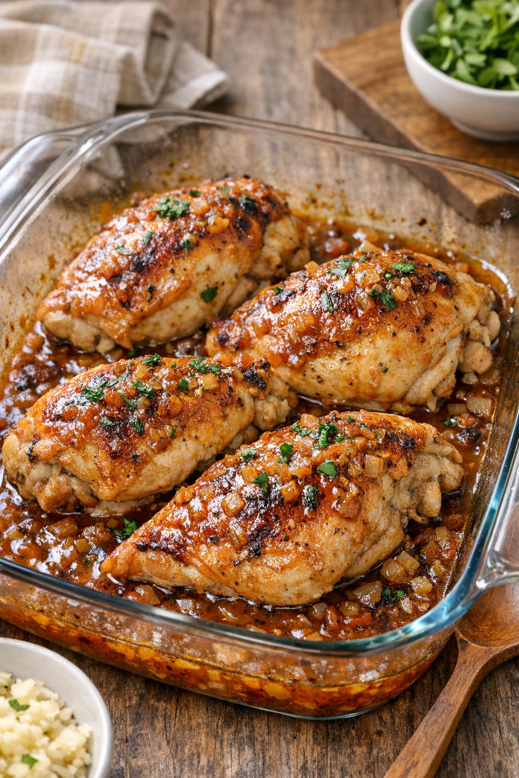 Finished baked bone-in chicken breasts in a glass casserole dish