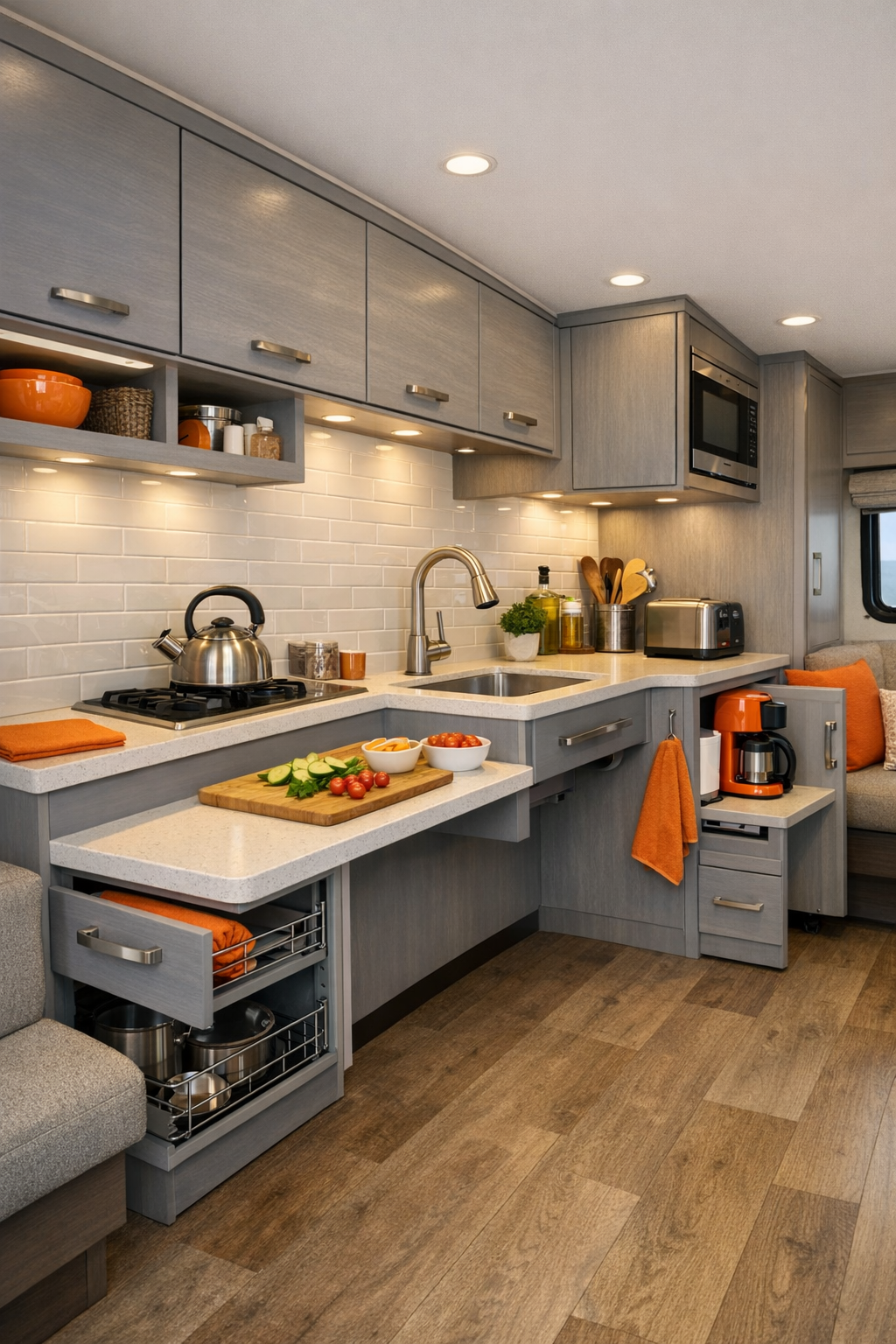 Modern accessible RV kitchen with soft gray cabinetry, pale counters, and bright task lighting