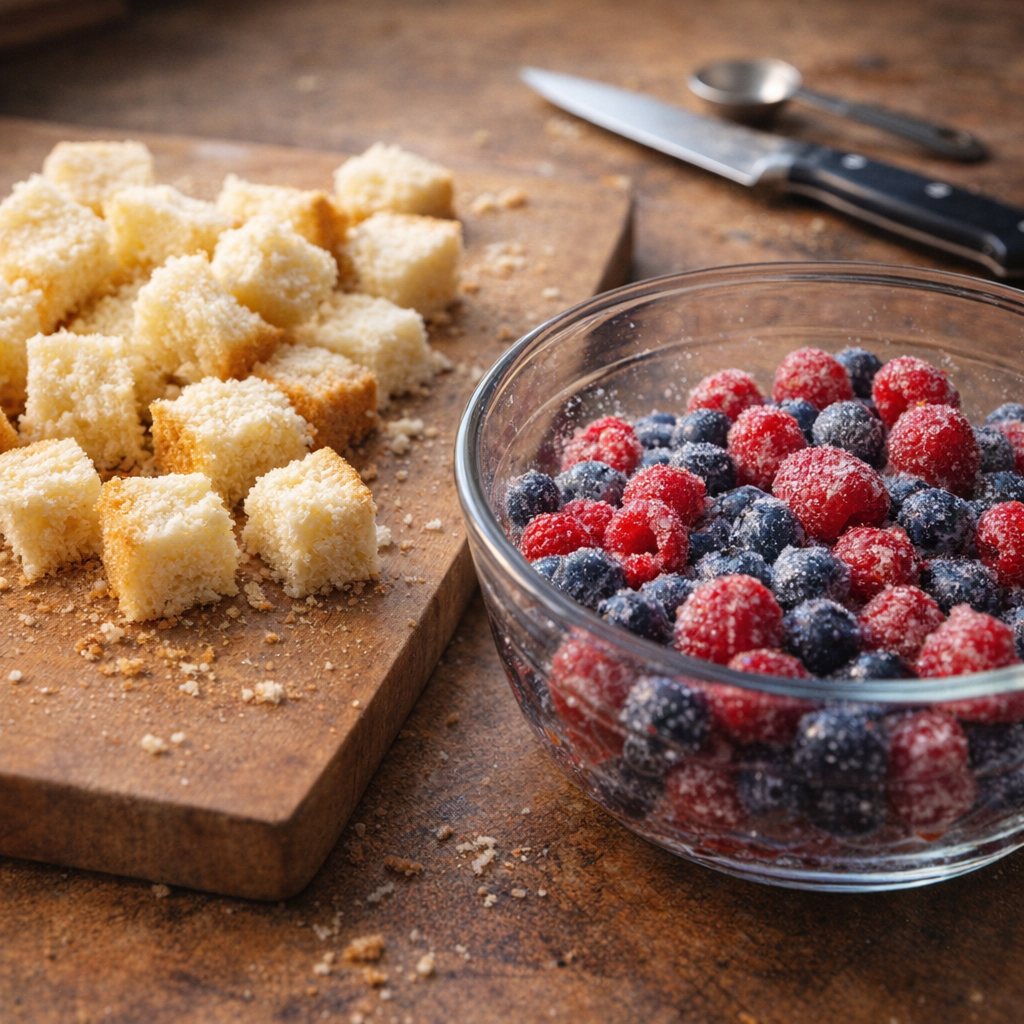 Cubed pound cake and sugared berries on a farmhouse counter