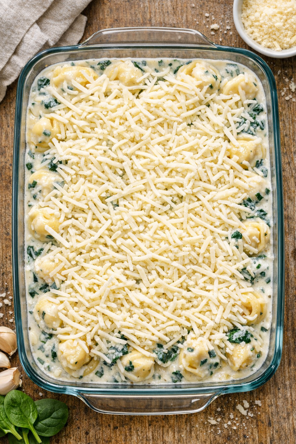 Nekeptas tortellini troškinys stikliniame inde su sūriu